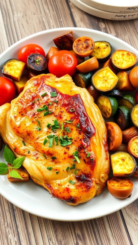 Juicy Air Fryer Chicken Breast Recipe Juicy air fryer chicken breast garnished with herbs, served with roasted vegetables on a rustic table.
